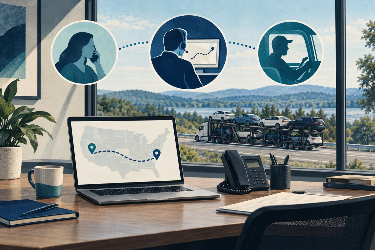 A transport coordinator planning a vehicle shipment at a desk. Illustration of the coordination work an auto transport broker performs.