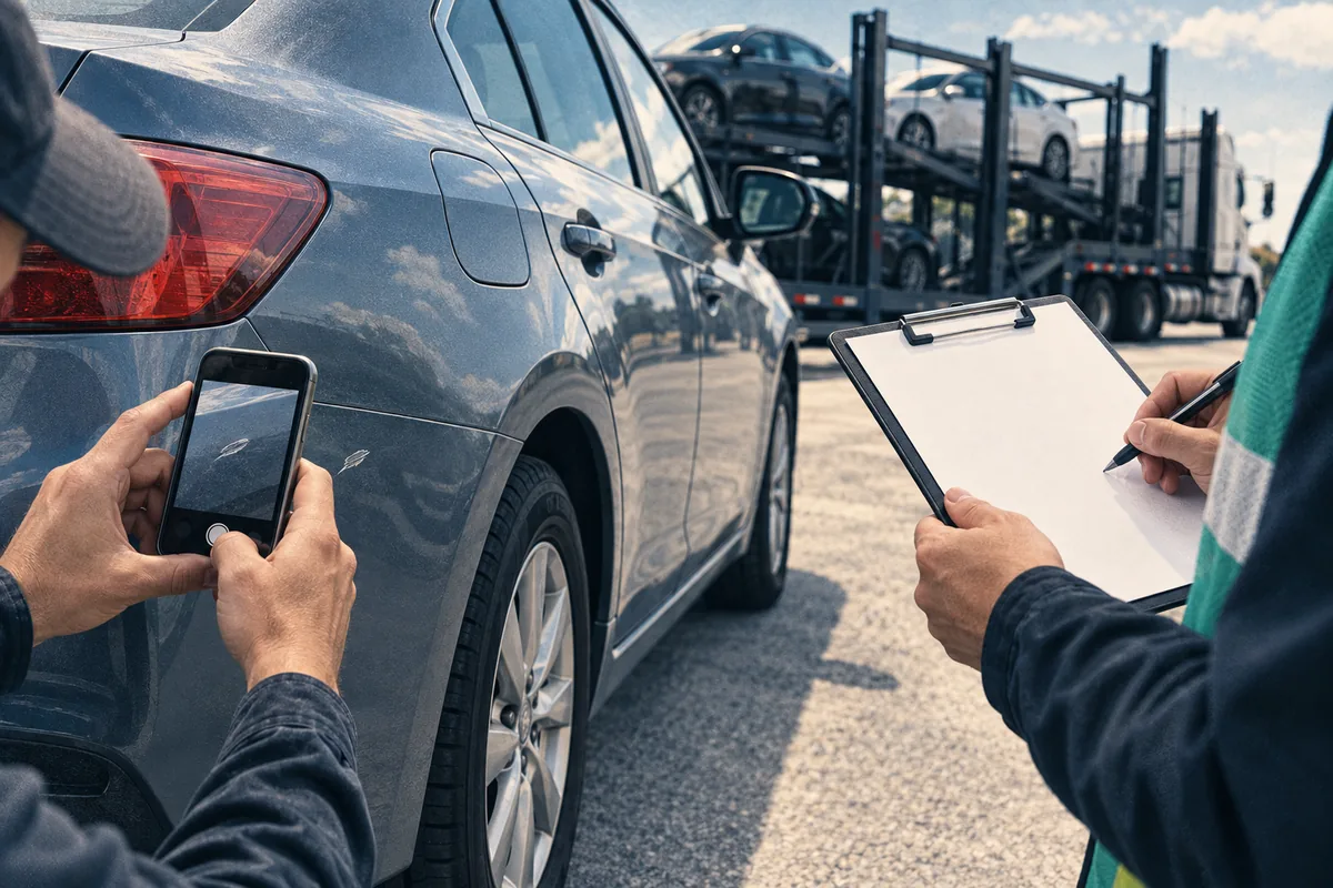 A customer and driver inspecting a car together before loading. Illustration of the joint vehicle walkaround used to document condition.