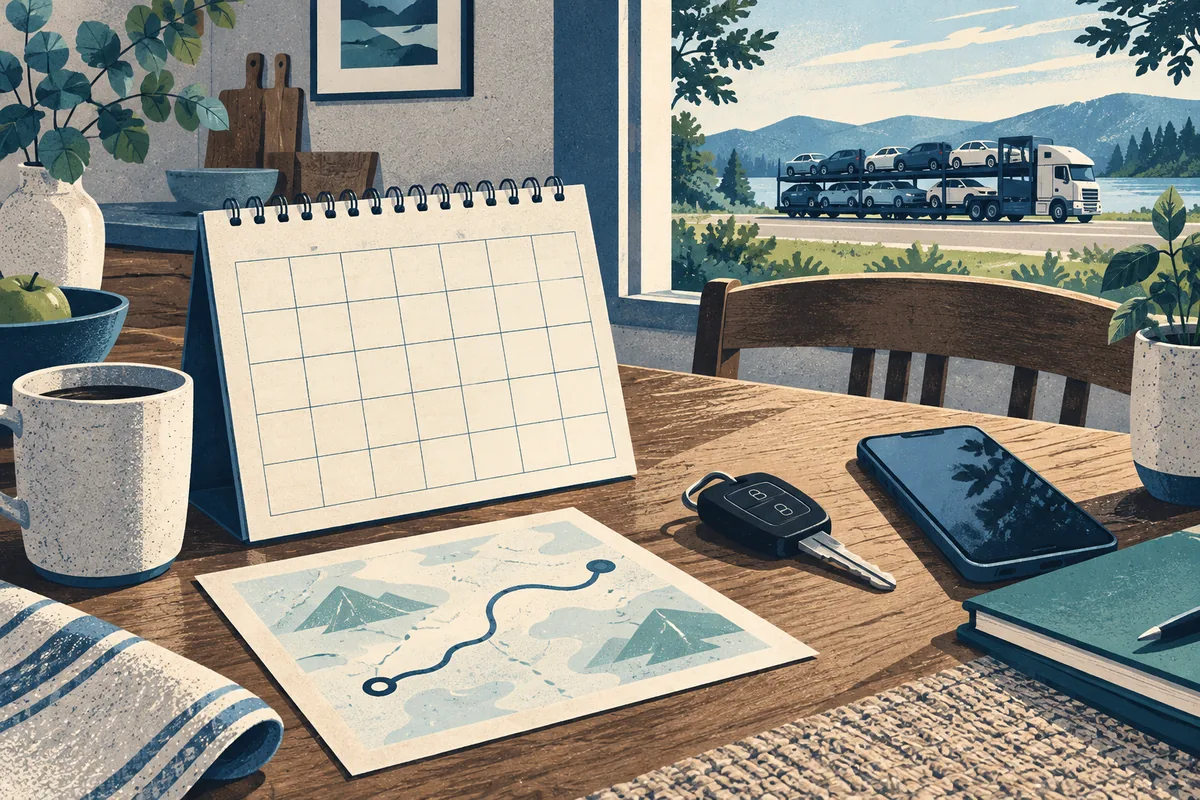 A customer planning vehicle pickup timing with a calendar. Illustration of planning a pickup window before the preferred shipping date.