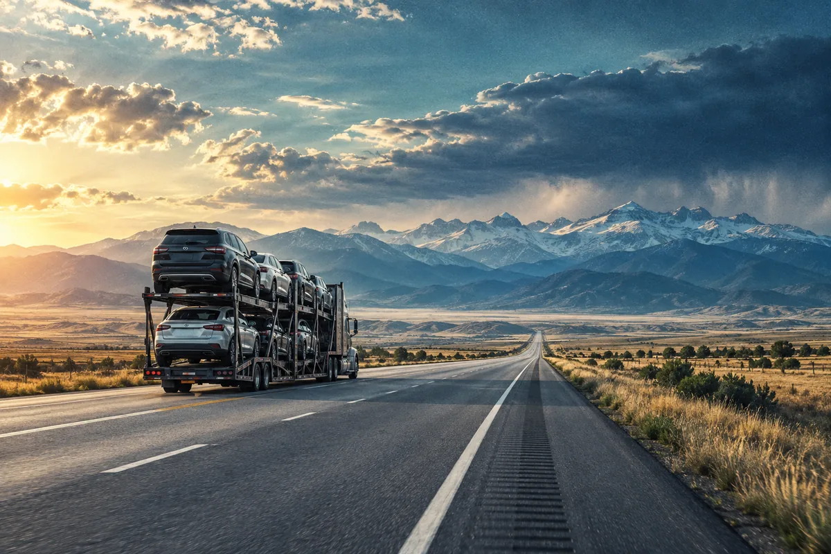 An unbranded vehicle hauler traveling on a long interstate route. Illustration of long-distance vehicle transport across varied terrain.