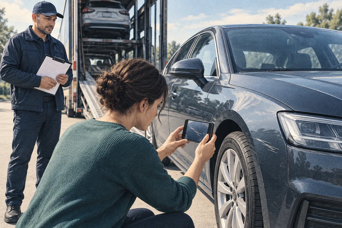 A vehicle owner photographing a car during a condition inspection. Illustration of documenting vehicle condition promptly and clearly.