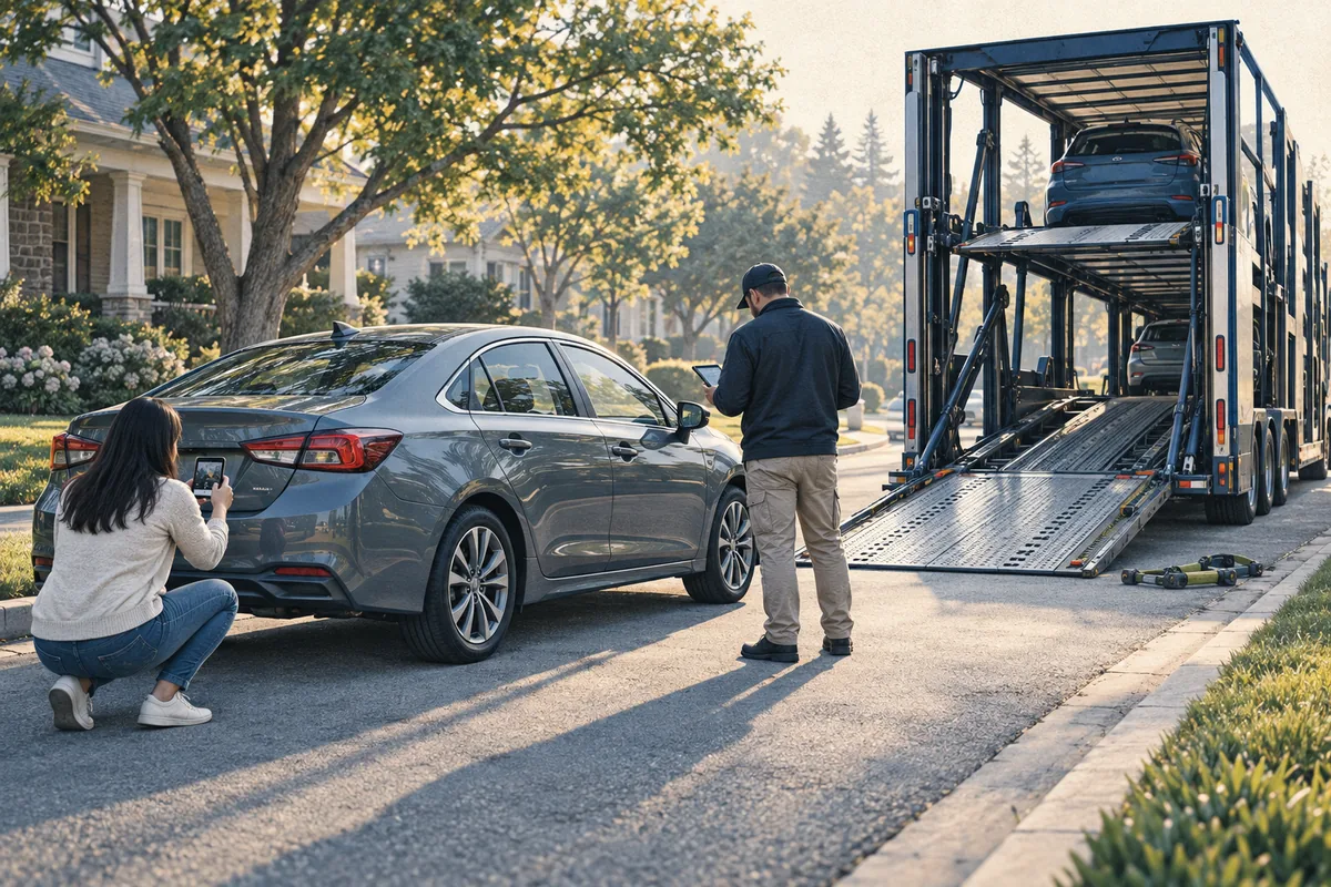 A customer and driver inspecting a vehicle before it is loaded. Illustration of the pickup-day inspection before a vehicle is loaded.