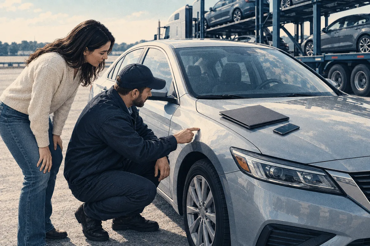 A customer reviewing insurance details before vehicle transport. Illustration of checking coverage information before a vehicle is shipped.