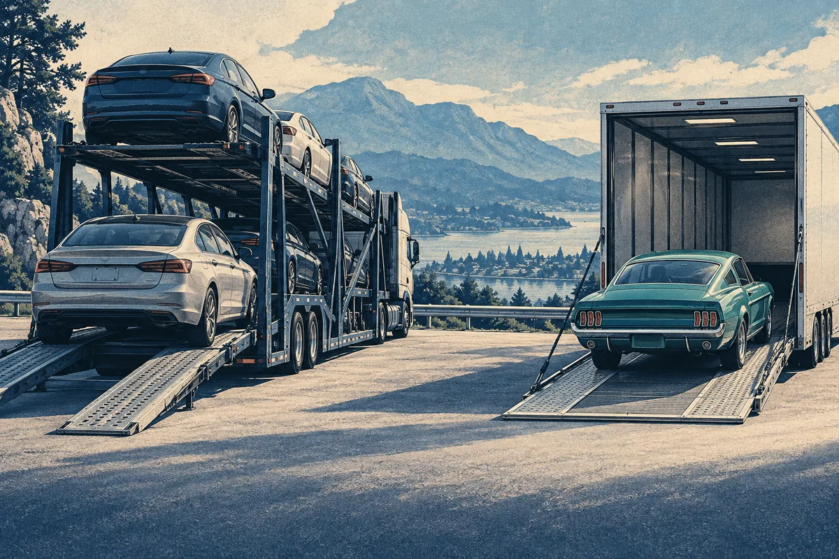Open vehicle-hauling equipment beside an enclosed vehicle trailer. Illustration of the equipment difference between open and enclosed transport.