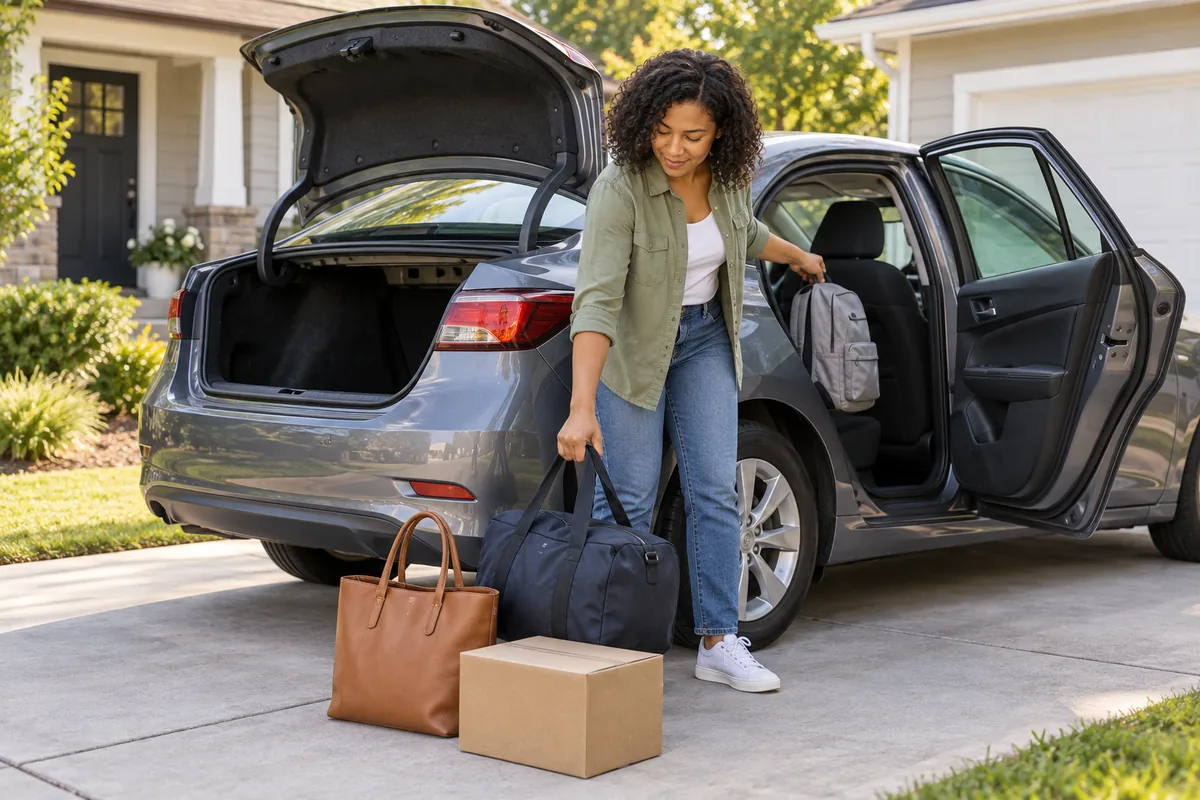 A vehicle owner removing bags and a box from a car before pickup. Illustration of removing personal belongings before vehicle pickup.