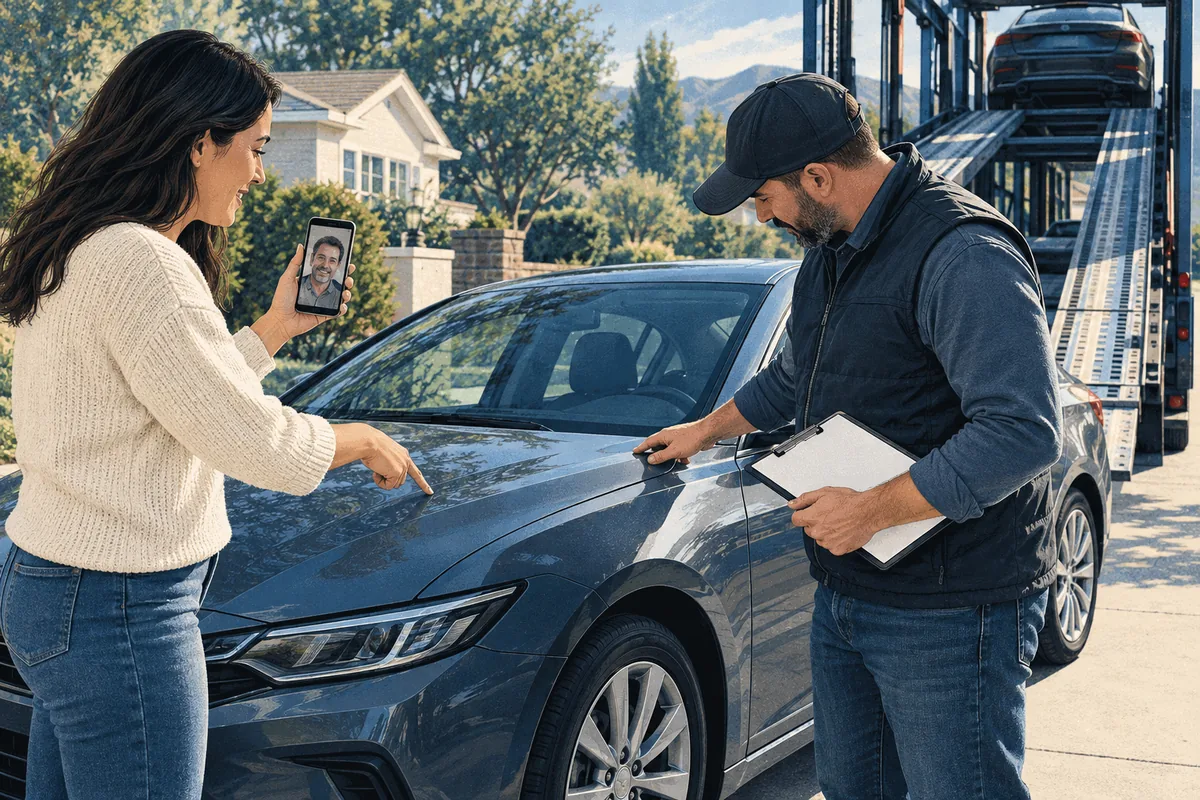 An authorized adult meeting a driver beside a car at pickup. Illustration of an authorized representative completing pickup with the driver.