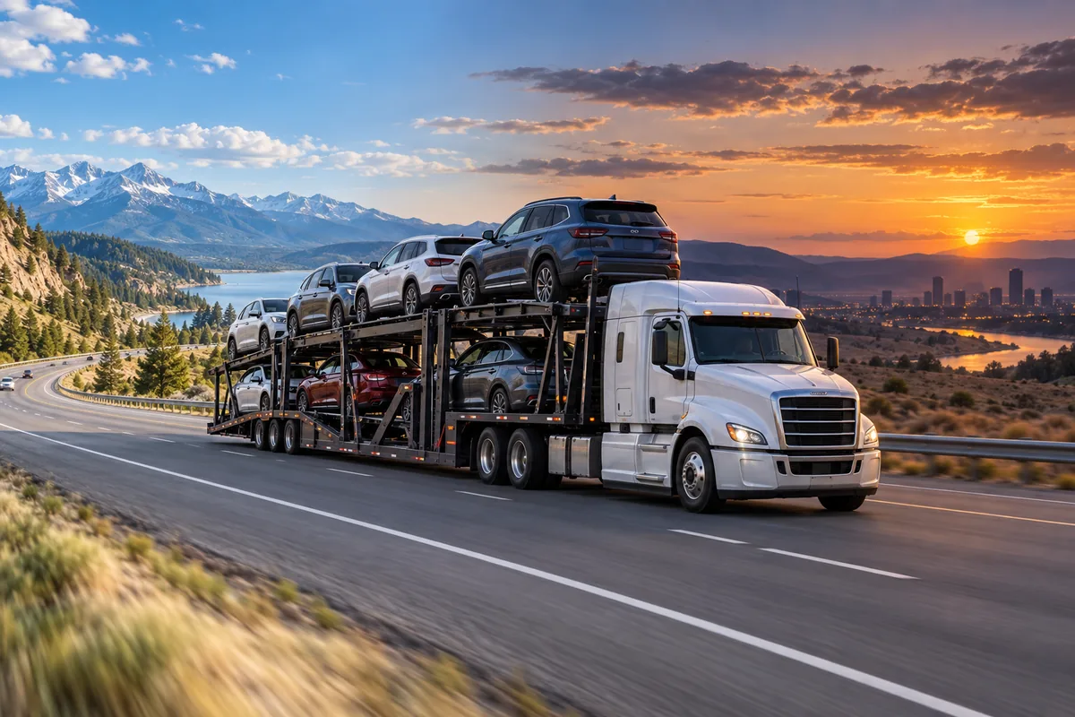 A vehicle hauler traveling from daylight into early evening. Illustration of transit unfolding over multiple travel days.