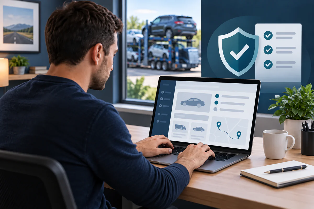 A customer reviewing neutral verification details on a laptop. Illustration of reviewing authority and insurance details before booking.