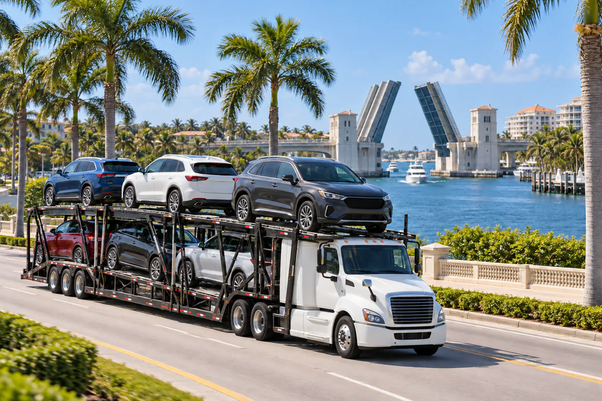 A loaded car carrier passing the Intracoastal Waterway and an open drawbridge in Boca Raton. Illustration of vehicle transport along Boca Raton's Intracoastal corridor.