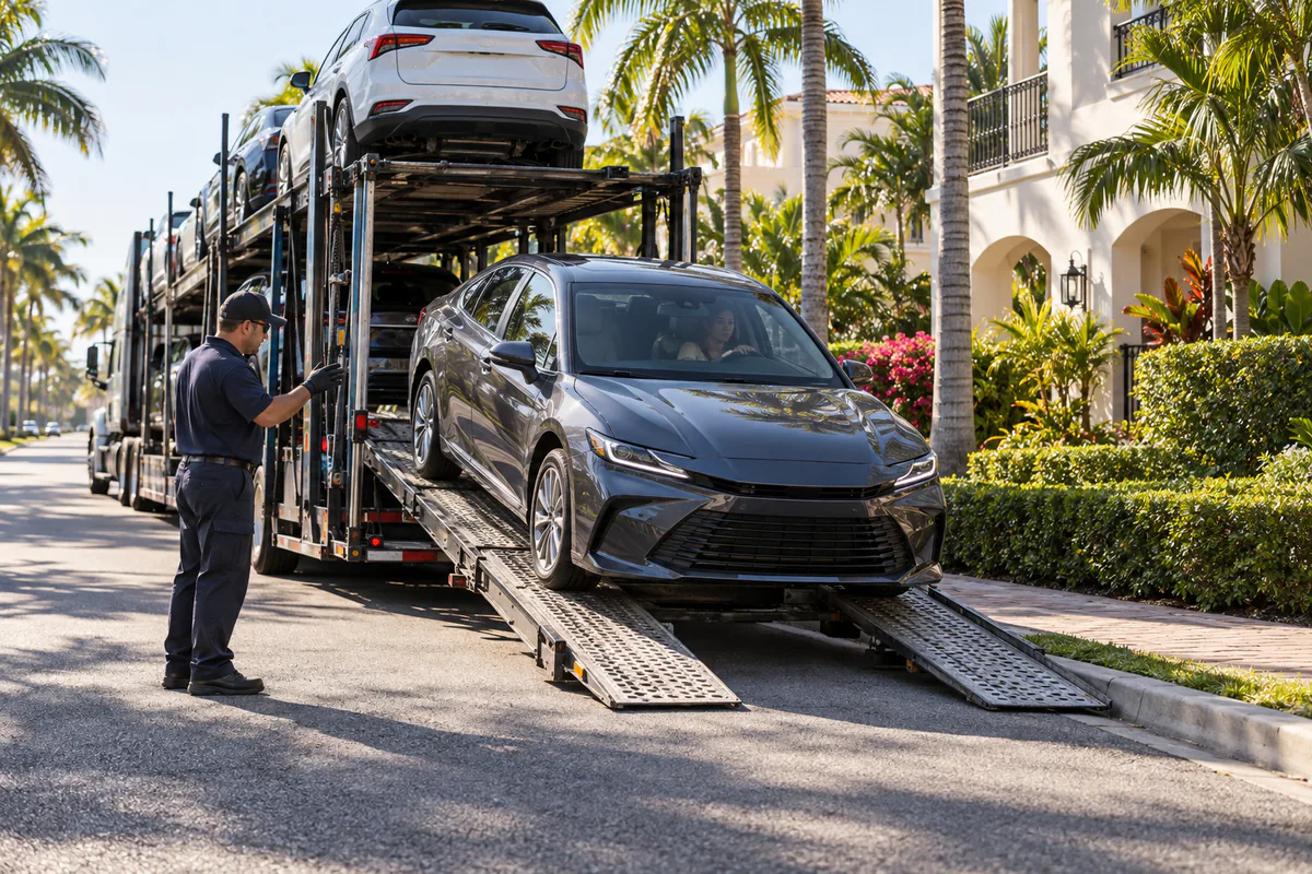 A sedan being unloaded from a car carrier on a palm-lined Delray Beach street. Illustration of a curbside vehicle delivery near downtown Delray Beach.