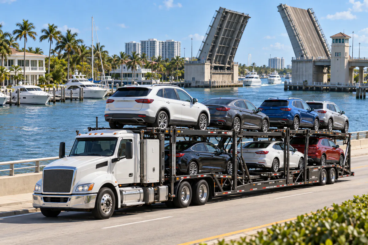 A loaded car carrier passing a Fort Lauderdale waterway and raised drawbridge. Illustration of vehicle transport along a Fort Lauderdale waterfront corridor.