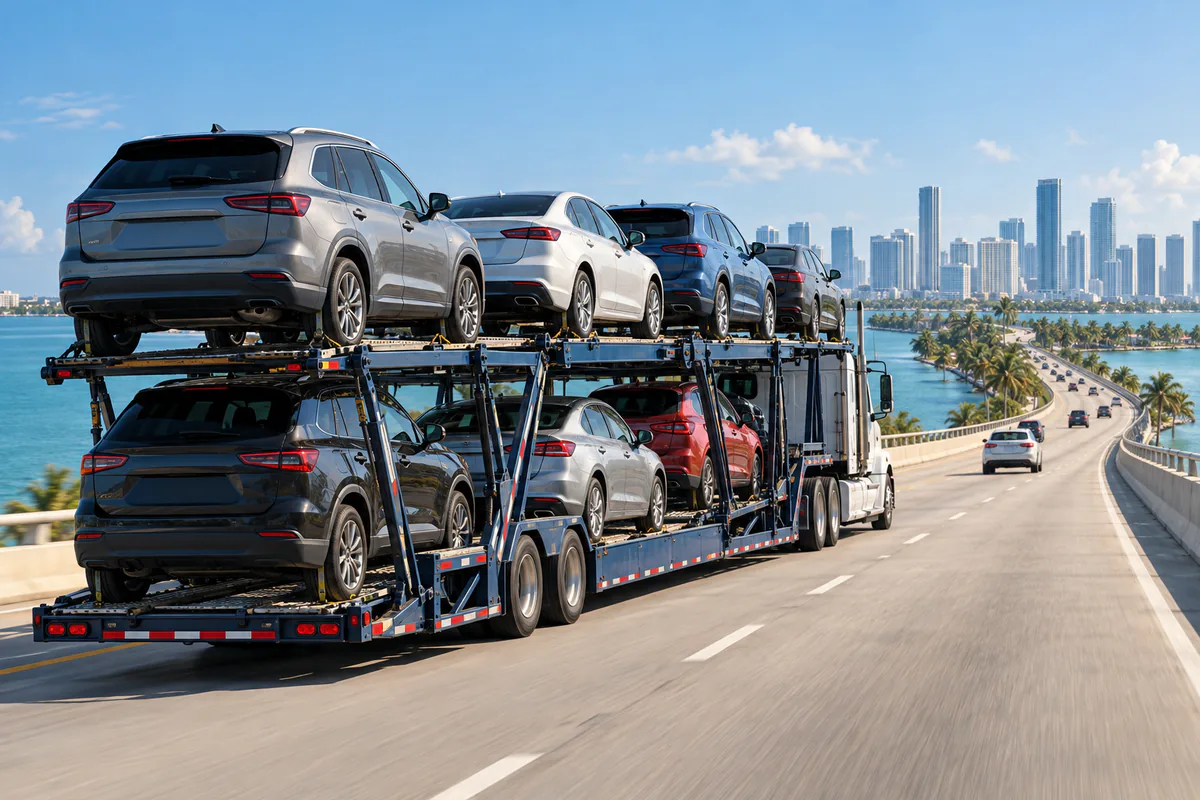A loaded car carrier crossing Biscayne Bay with the Miami skyline ahead. Illustration of vehicle transport on a Miami causeway.