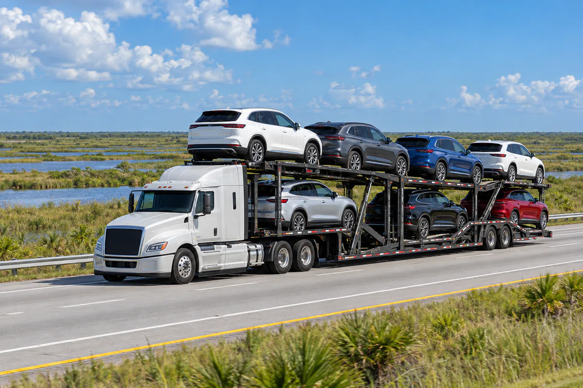 A loaded car carrier crossing the Everglades on Alligator Alley near Naples. Illustration of vehicle transport on the I-75 corridor across South Florida.