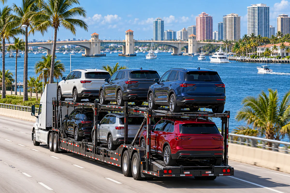 A loaded car carrier traveling beside the Intracoastal Waterway in West Palm Beach. Illustration of vehicle transport with the bridge to Palm Beach island in view.