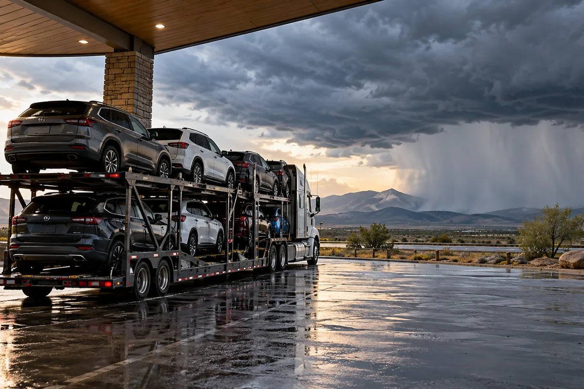 A loaded auto carrier sheltered at a highway rest area during a severe storm. Illustration of severe weather interrupting otherwise scheduled vehicle transport.