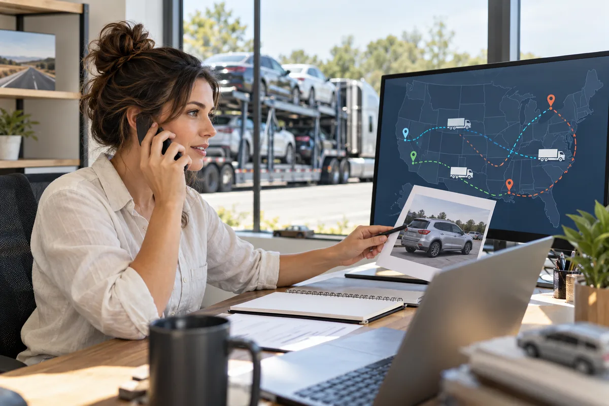 A vehicle shipping coordinator matching a customer shipment with an available carrier. Illustration of a broker coordinating a vehicle shipment with a motor carrier.