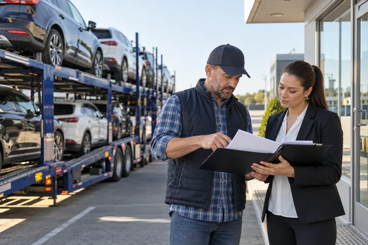A carrier representative and vehicle owner reviewing transport coverage documents. Illustration of reviewing cargo insurance information before vehicle transport.