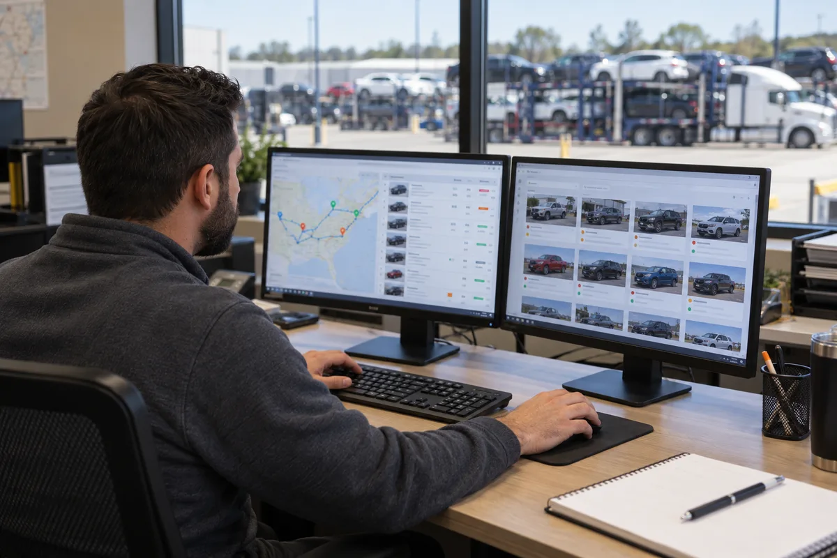 A transport coordinator reviewing available vehicle shipments on a computer. Illustration of a coordinator using a digital dispatch marketplace.