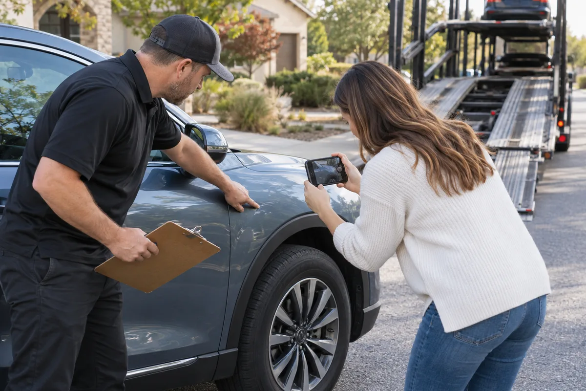 A vehicle owner photographing a small scratch during a transport inspection. Illustration of documenting vehicle condition before carrier pickup.