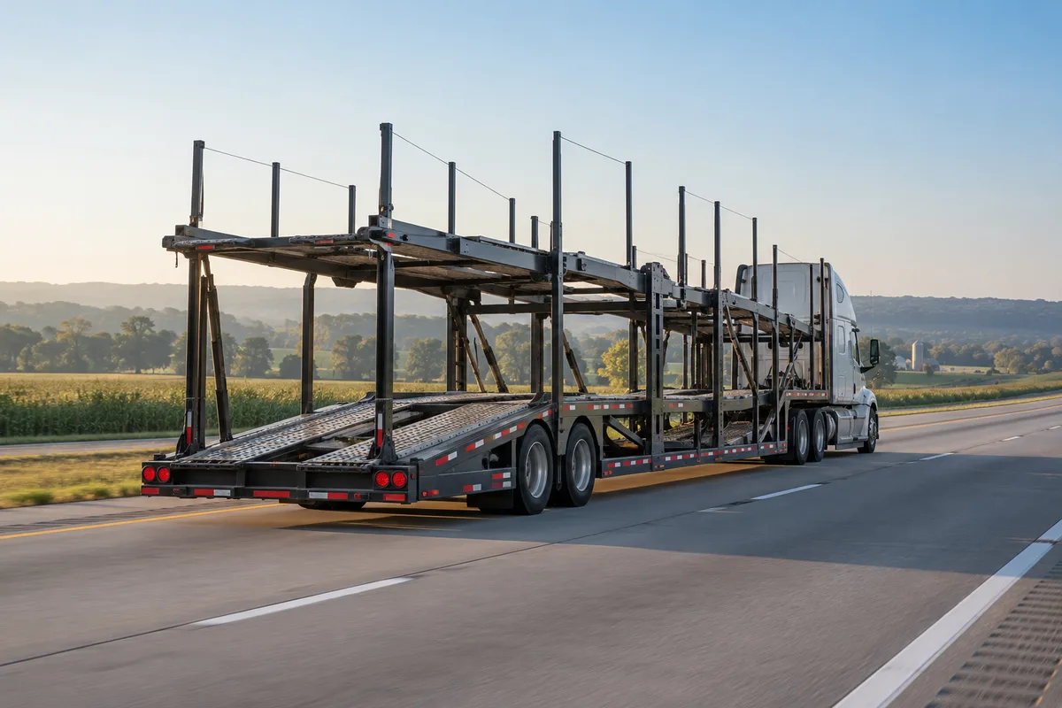 An empty open auto carrier traveling toward its next pickup. Illustration of an empty carrier covering deadhead miles between loads.
