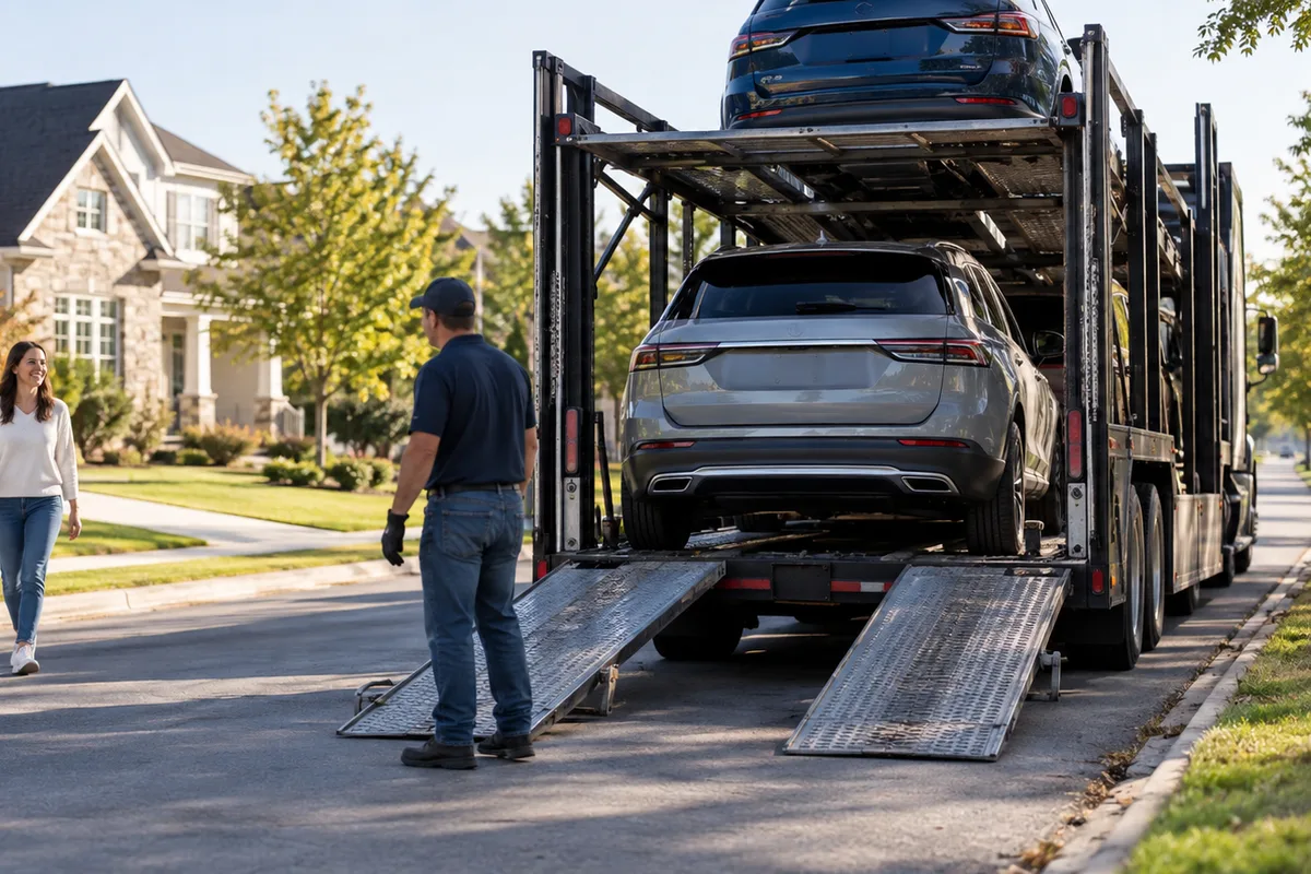 A customer meeting an auto carrier on a safe street near a residence. Illustration of practical door-to-door vehicle transport at an accessible meeting point.