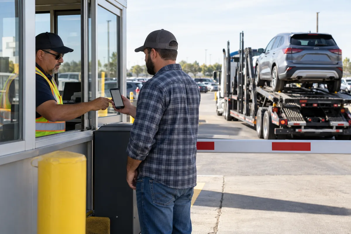 An auction gate attendant verifying a vehicle release before carrier pickup. Illustration of a gate-pass check at a secure vehicle auction lot.
