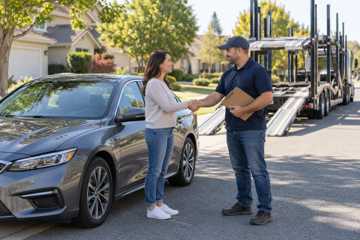 A vehicle transport driver meeting a customer at a scheduled pickup. Illustration of a scheduled vehicle pickup window.