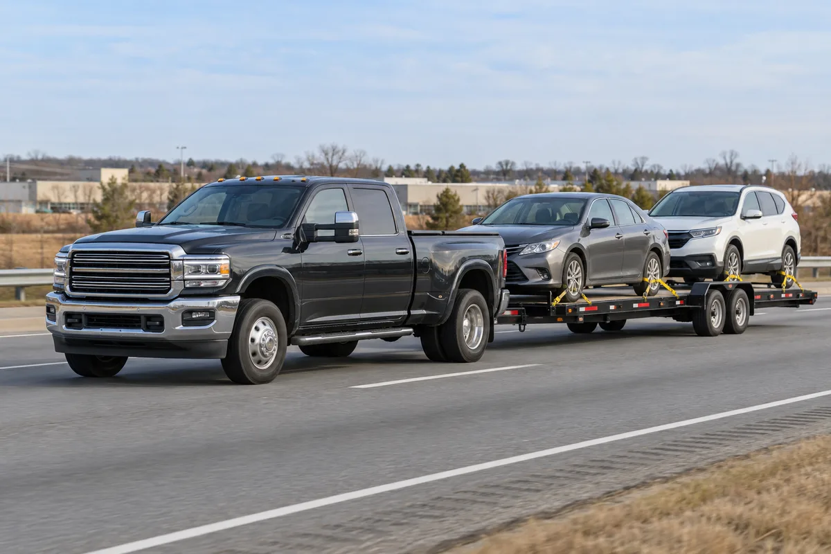 A heavy-duty pickup towing two vehicles on a compact open trailer. Illustration of the smaller equipment commonly used for hot-shot transport.