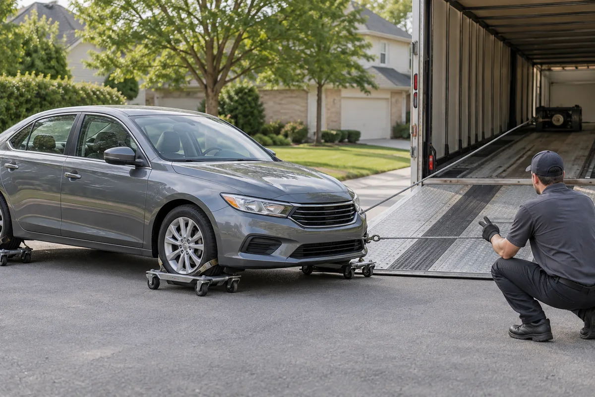 An inoperable car on wheel skates being winched onto a transport trailer. Illustration of special equipment used to load an inoperable vehicle.