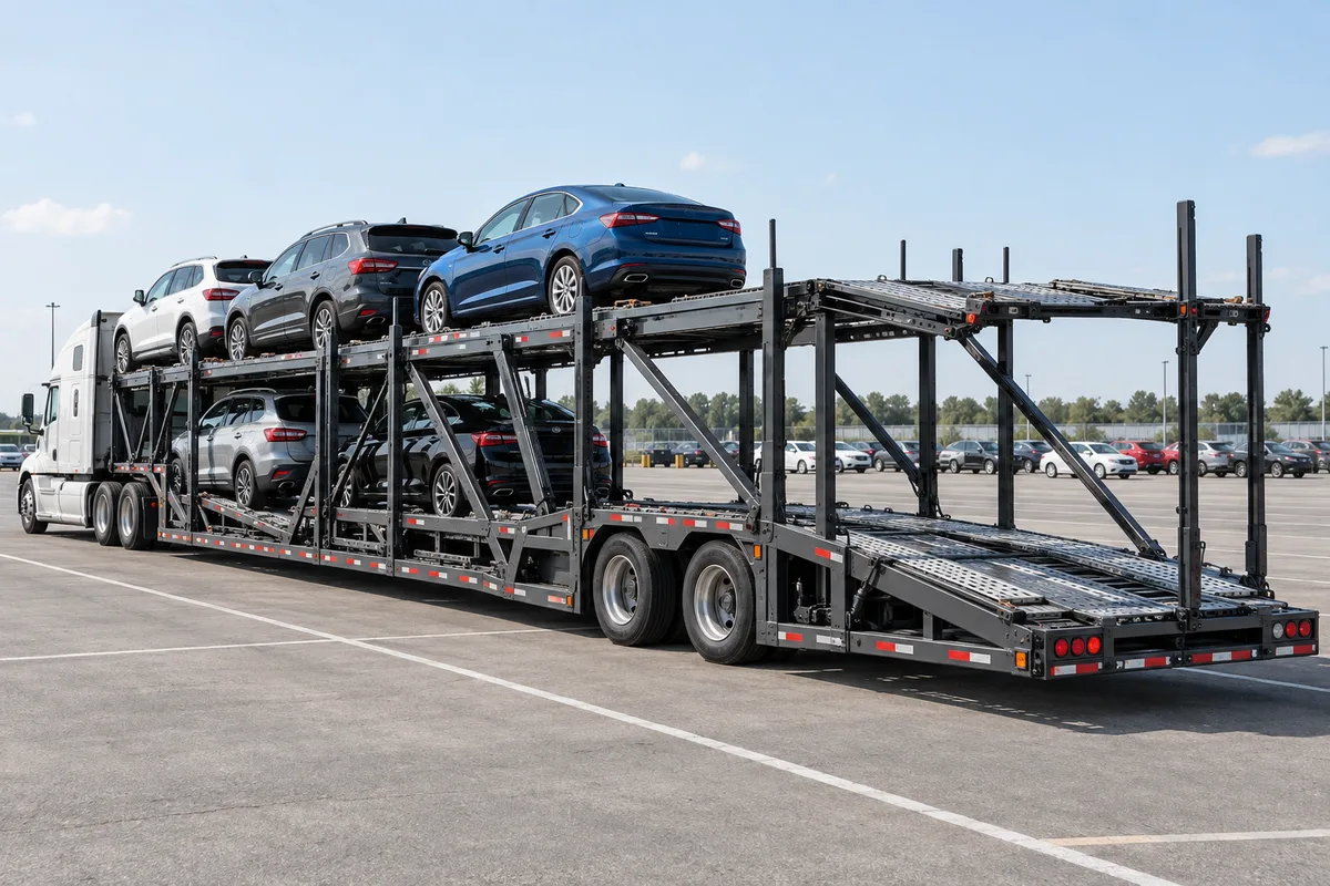 A partially loaded vehicle trailer with open deck positions. Illustration of trailer capacity shared across more than one shipment.