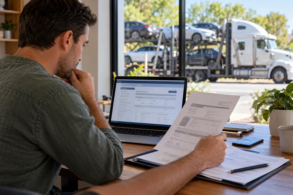 A customer verifying a motor carrier record before booking vehicle transport. Illustration of checking a carrier registration record before shipment.