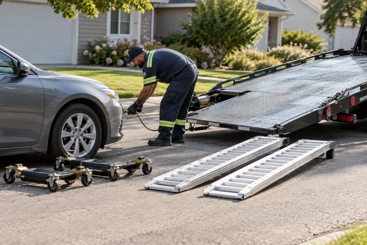 A transport crew positioning wheel skates and winch equipment for a disabled car. Illustration of the extra equipment and handling required for a non-running vehicle.
