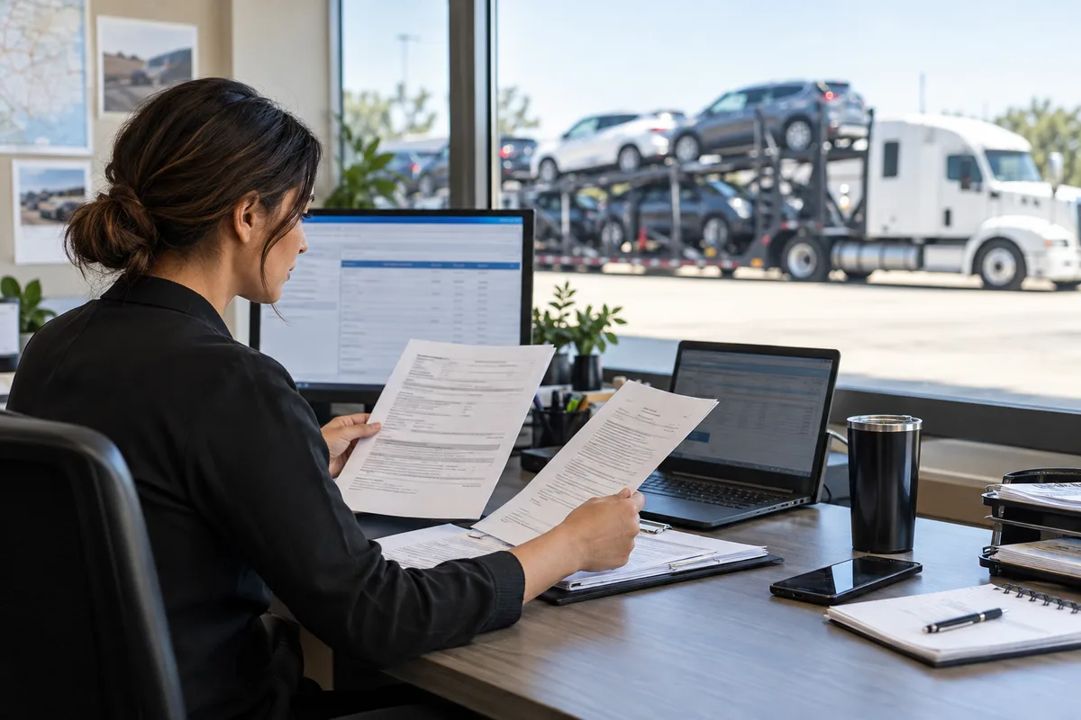 A transport coordinator reviewing carrier operating records beside an auto hauler. Illustration of verifying operating authority before assigning a motor carrier.