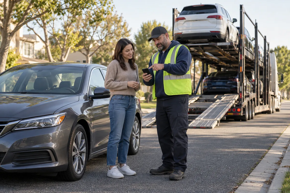 A vehicle owner and transport driver confirming a scheduled pickup beside an auto carrier. Illustration of a vehicle handoff taking place within a coordinated pickup window.