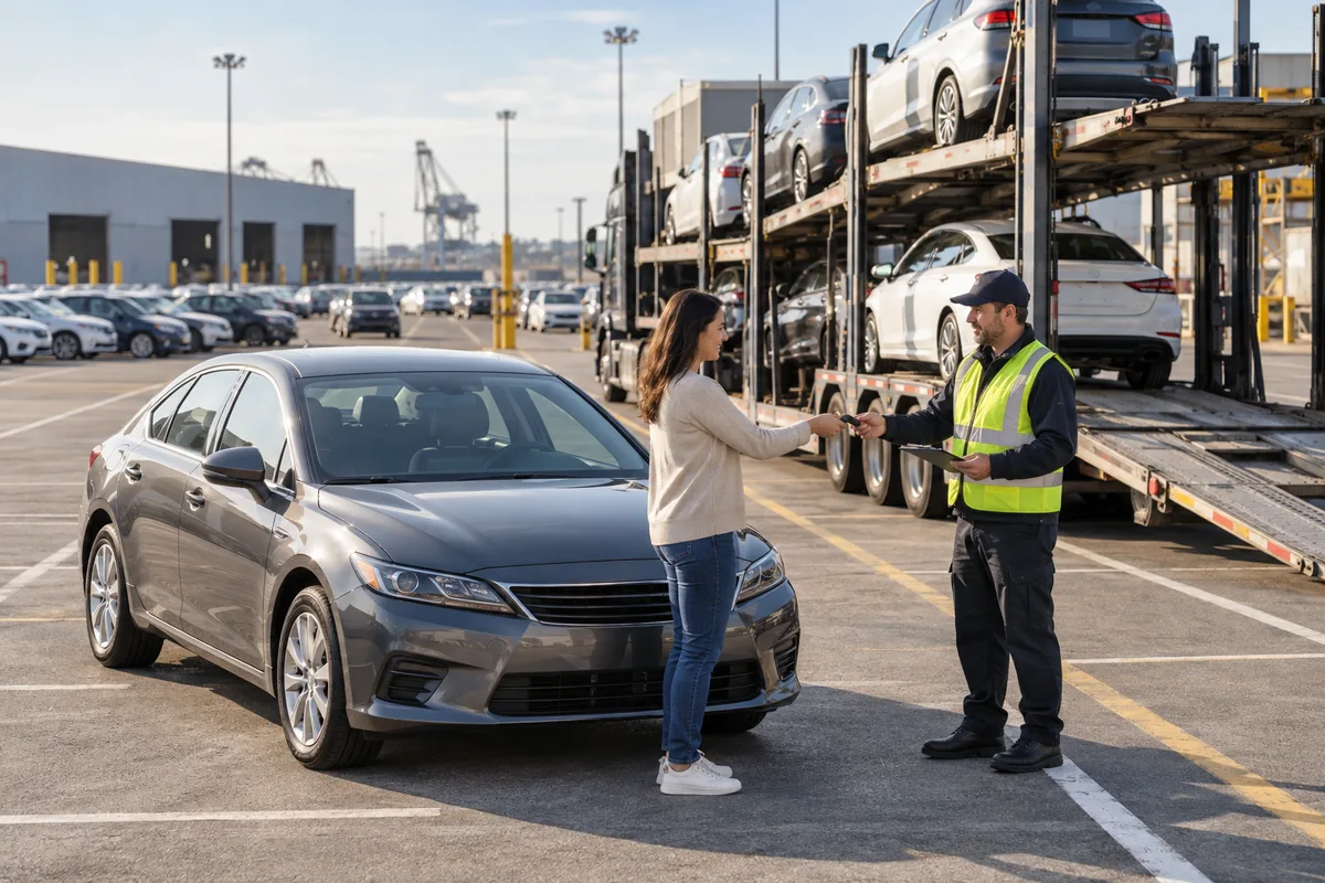A customer handing off a sedan at a secure vehicle transport terminal. Illustration of a vehicle handoff at a terminal used for transport staging.