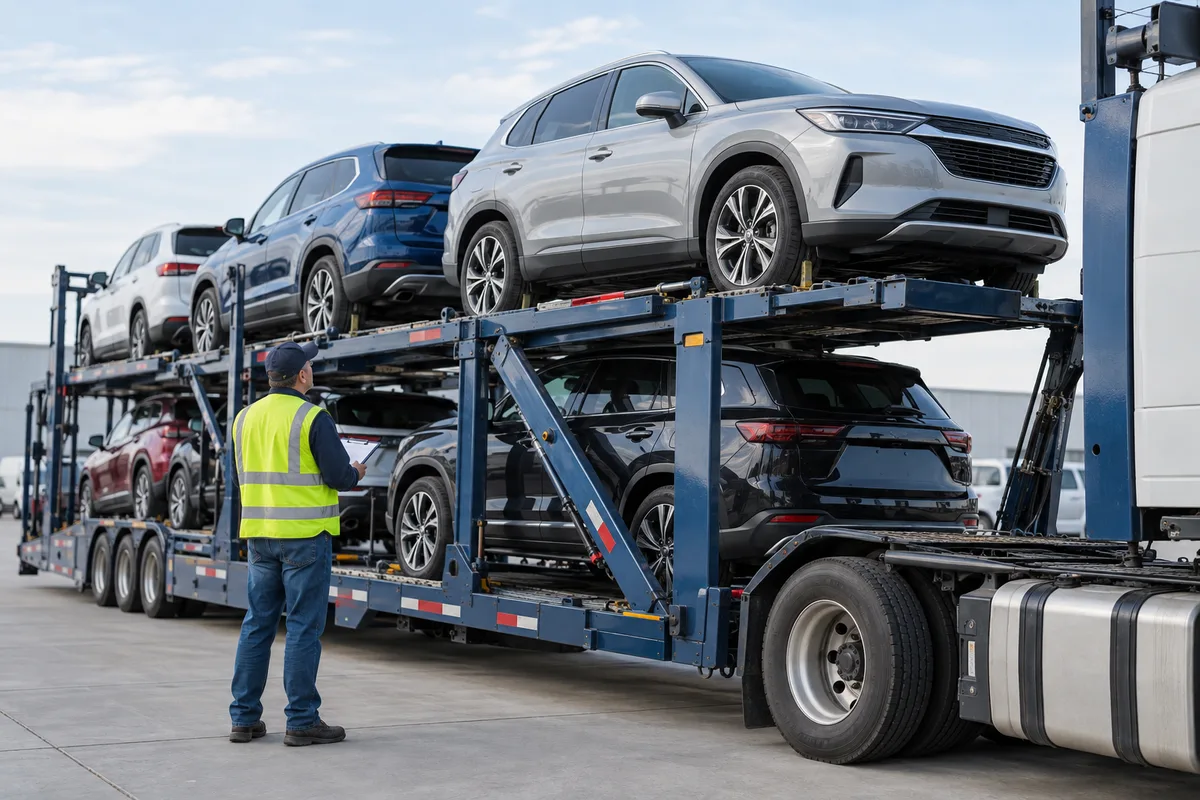 A passenger vehicle secured on the upper deck of an open auto carrier. Illustration of a vehicle positioned on the upper deck of a carrier.