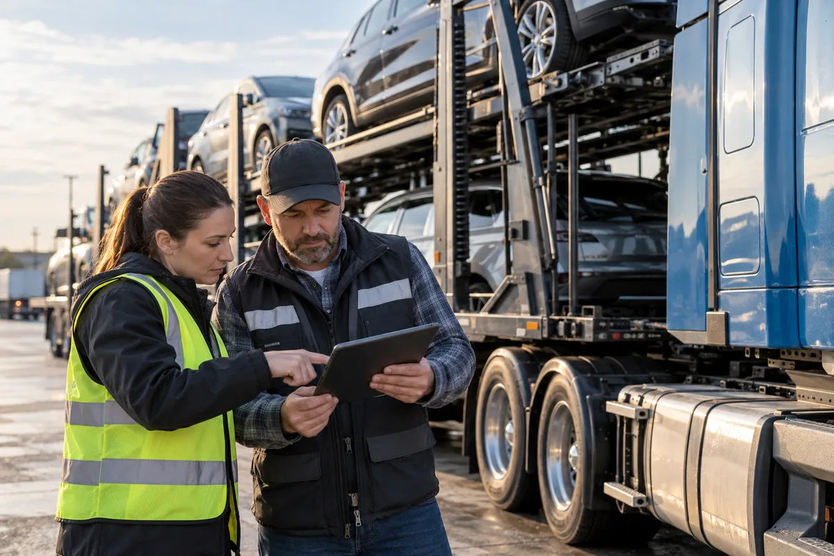 Transport professionals verifying carrier credentials beside an open auto hauler. Illustration of checking a motor carrier safety registration before transport.