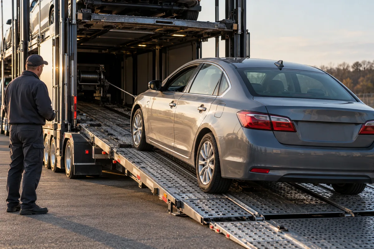 A disabled sedan being pulled onto an auto carrier with a winch cable. Illustration of controlled winch loading onto the lower deck of a carrier.