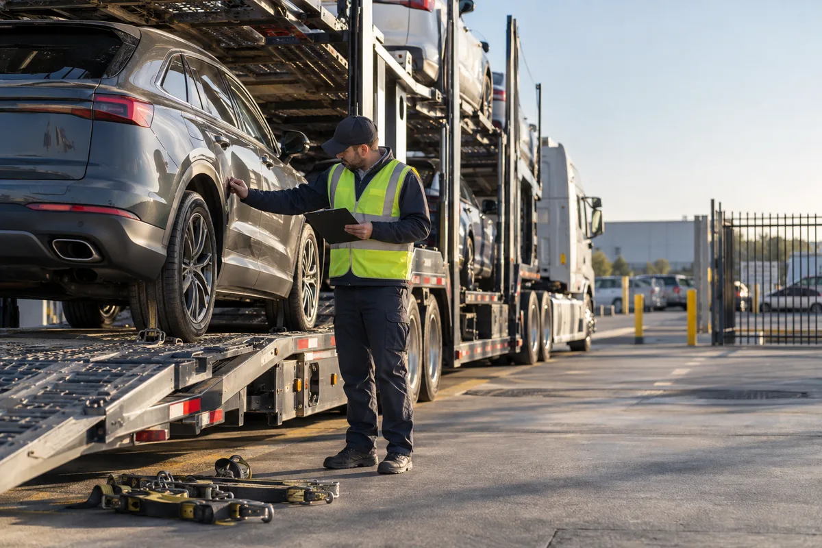 A transport driver documenting vehicle condition in a logistics staging area. Illustration of common vehicle-shipping terms in an active carrier inspection scene.