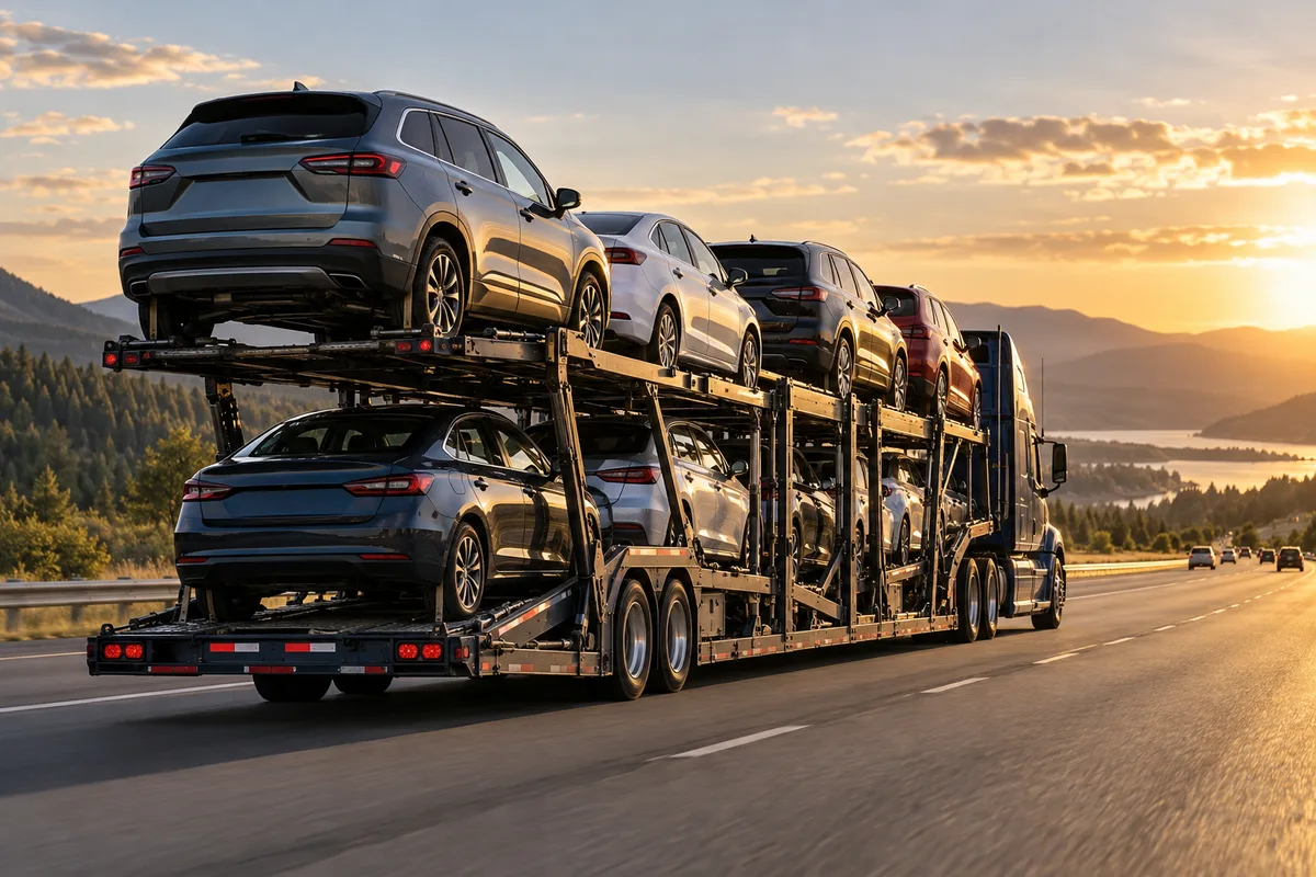 A fully loaded open auto carrier traveling on a broad interstate at sunset. Illustration of nationwide vehicle transport on a long-distance interstate corridor.