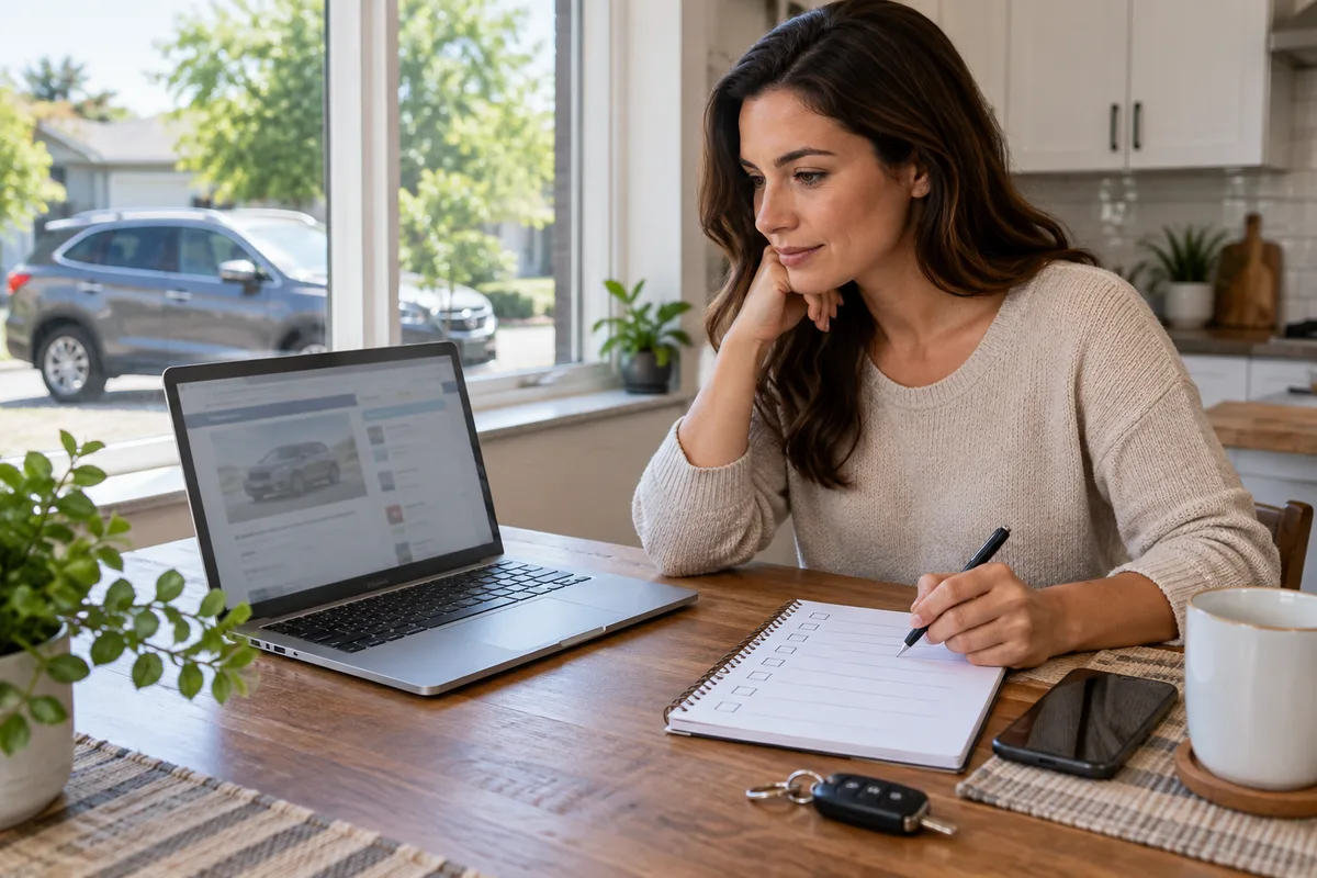 A vehicle owner researching car shipping with a checklist and laptop. Illustration of using educational resources to prepare for vehicle transport.