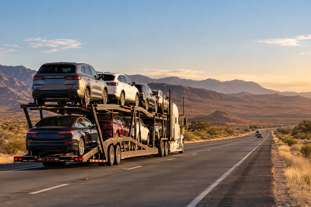 A loaded open auto carrier traveling through a Southwestern desert corridor. Illustration of vehicle transport on the California-to-Arizona corridor.