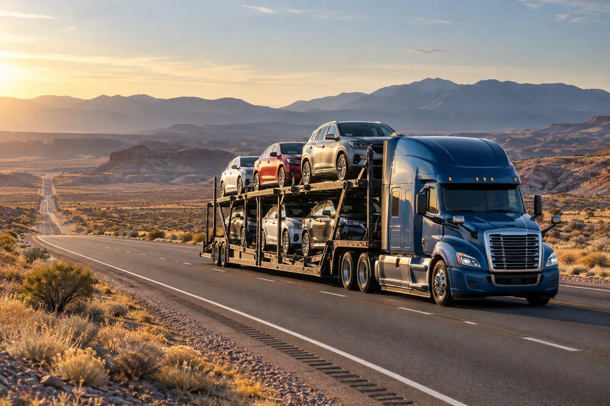 A loaded open auto carrier crossing a Southwestern desert basin. Illustration of vehicle transport on the California-to-Florida corridor.