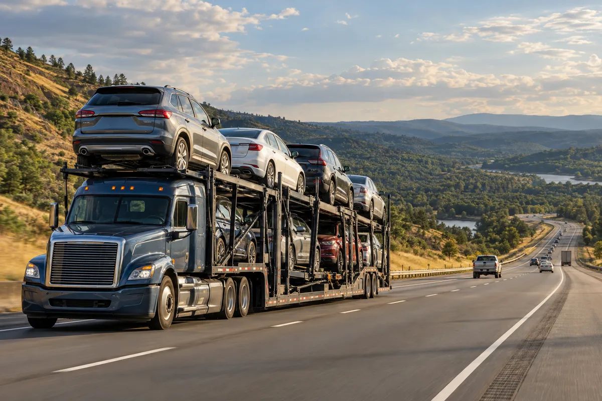 A loaded open auto carrier traveling through southern foothills. Illustration of vehicle transport on the California-to-Georgia corridor.