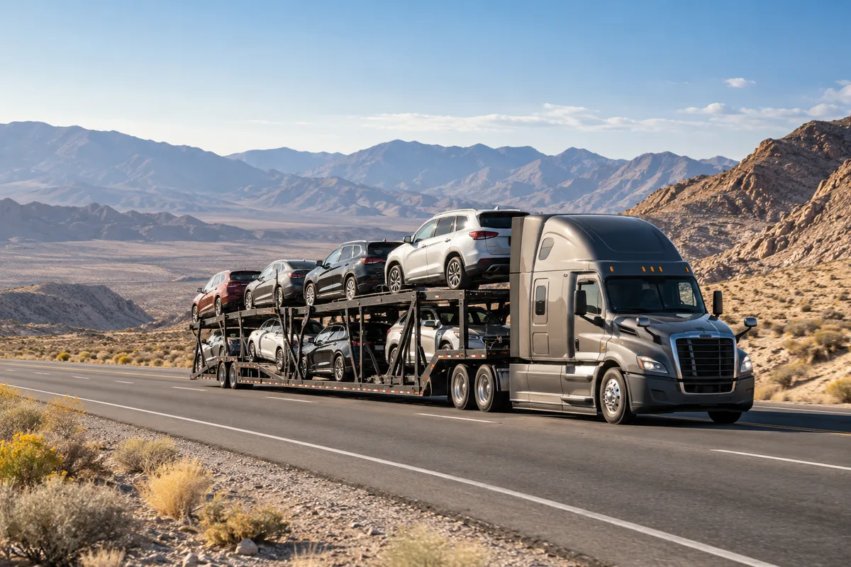 A loaded open auto carrier traveling through the Mojave desert. Illustration of vehicle transport on the California-to-Nevada corridor.