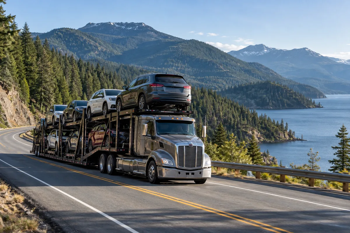 A loaded open auto carrier traveling through a forested Pacific mountain corridor. Illustration of vehicle transport on the California-to-Oregon corridor.