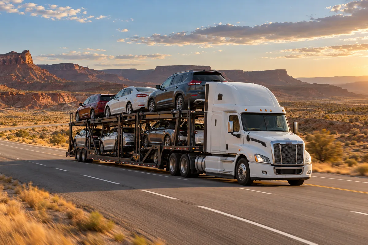 A loaded open auto carrier crossing a Southwestern desert interstate. Illustration of vehicle transport on the California-to-Texas corridor.