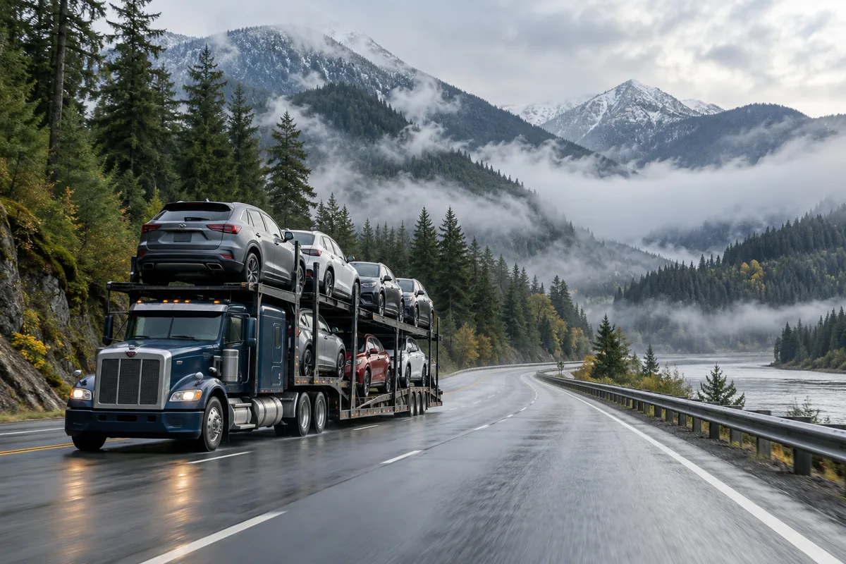 A loaded open auto carrier traveling through a wet Pacific Northwest mountain corridor. Illustration of vehicle transport on the California-to-Washington corridor.