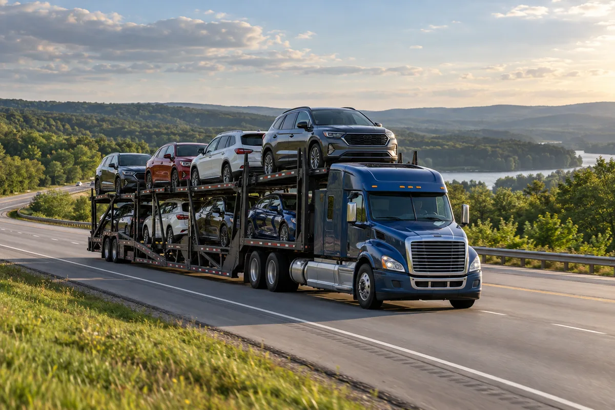 A loaded open auto carrier traveling through green rolling countryside. Illustration of vehicle transport on the Florida-to-Illinois corridor.