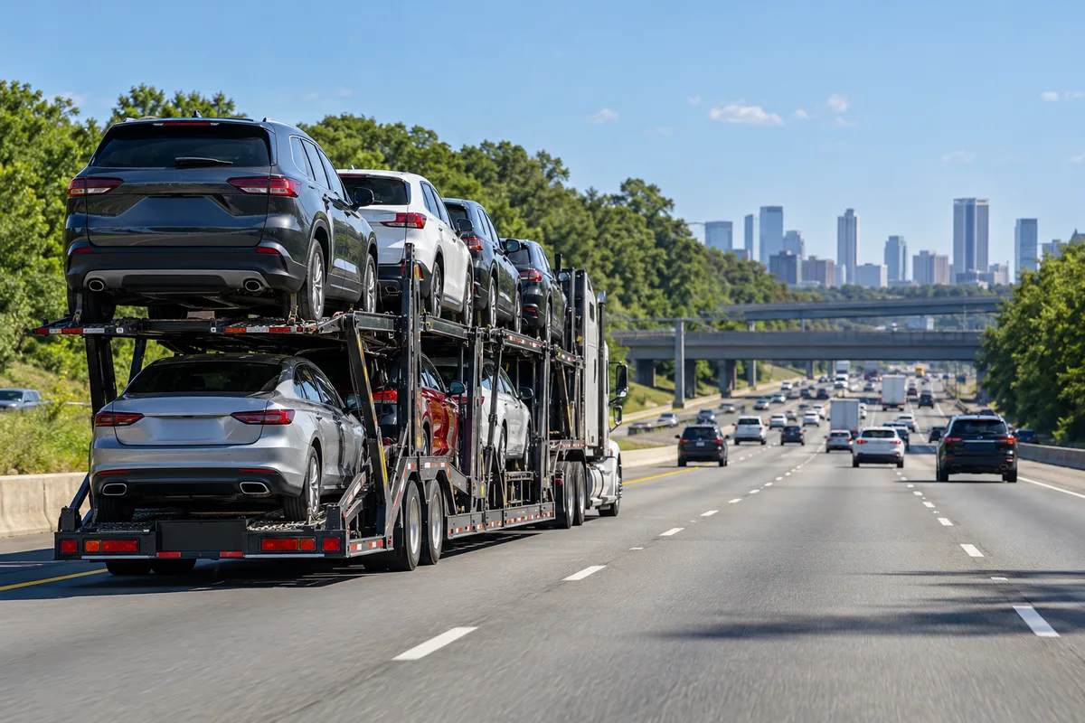 A loaded open auto carrier traveling north on a broad East Coast interstate. Illustration of vehicle transport on the Florida-to-New-York corridor.